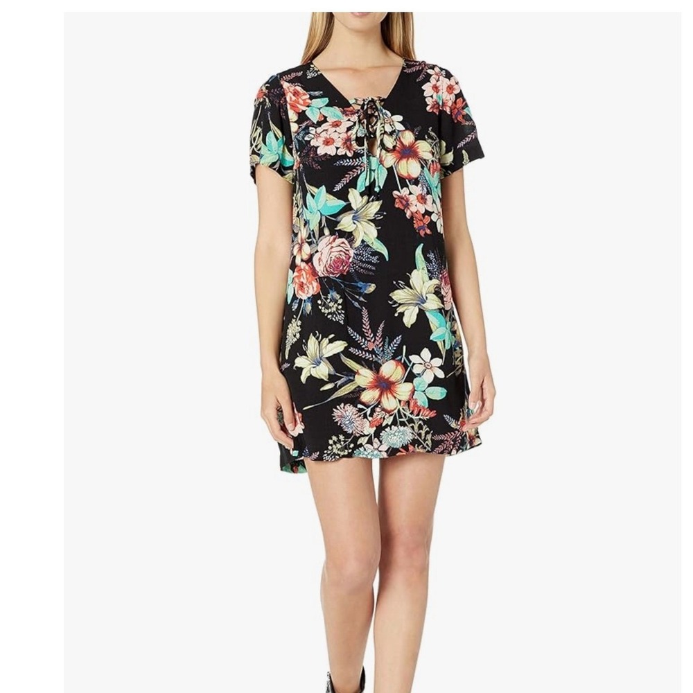 Lucy Love Black Floral Lace Up Shift Dress S Romantic Tropical Made in USA‎ NWT